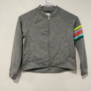 Rockets of Awesome Girls Gray Full-Zip Jacket with Rainbow Stripe Sleeve Size 7